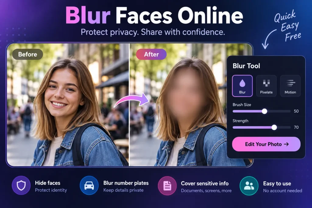 Before and after example of a face blurred online with the MixPlay blur tool