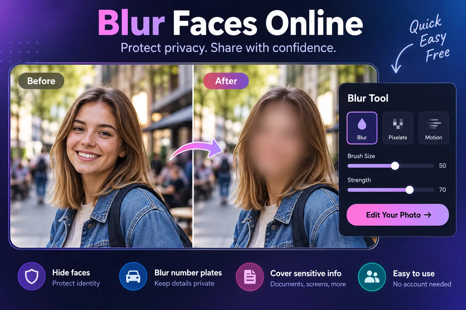 Before and after example of a face blurred online with the MixPlay blur tool