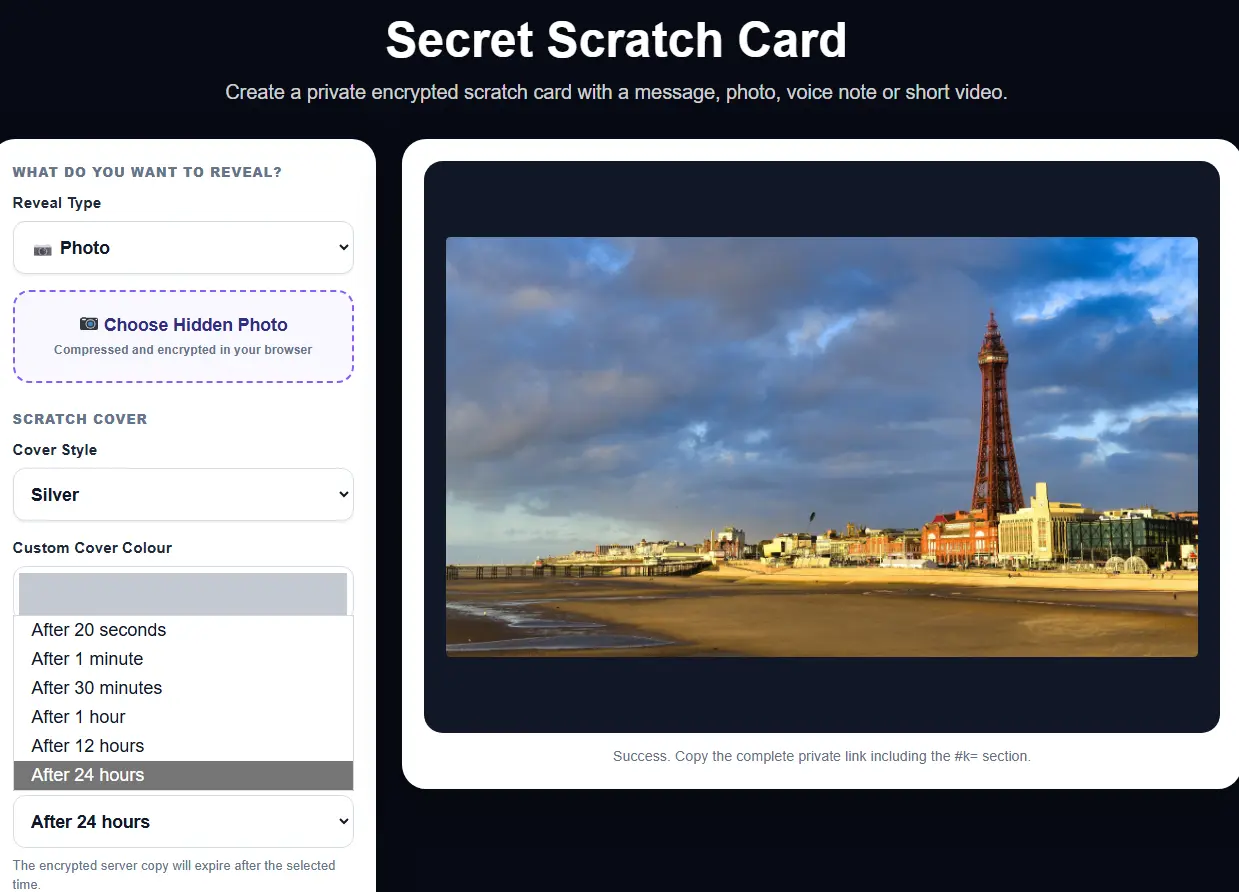 MixPlay Secret Scratch Card automatic expiry choices from 20 seconds to 24 hours
