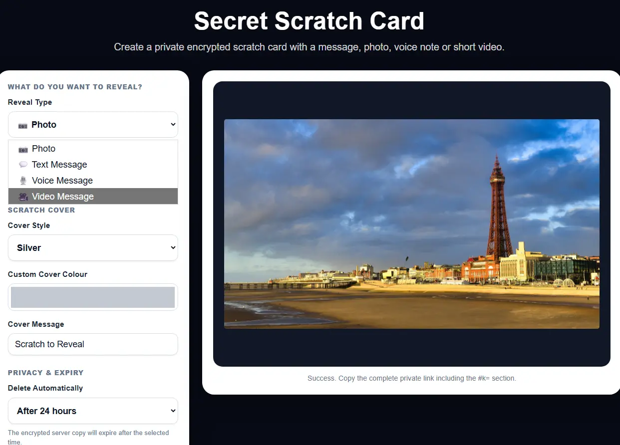 Secret Scratch Card options showing photo text voice and video message choices