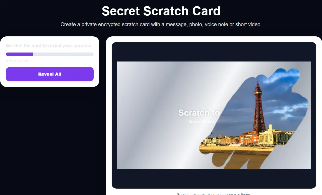 Secret Scratch Card being scratched to reveal a hidden Blackpool Tower photograph