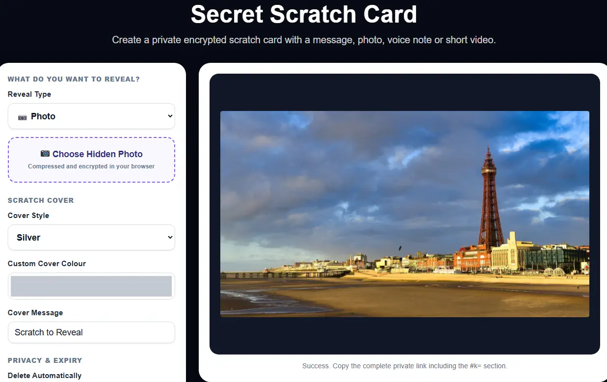 MixPlay Secret Scratch Card tool showing a photo ready to be hidden and shared