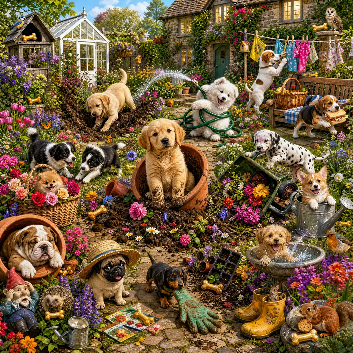 Puppy Garden Mayhem Funny Puppies Jigsaw